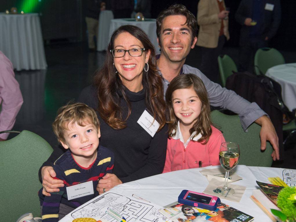 Professor Roze Hentschell and family (husband, Thomas Cram, daughter Eleanor, and son Felix) pictured attending the Newly Promoted and Tenured Faculty Reception at Colorado State University on Dec. 1. Other English faculty, Professor Ellen Brinks and Associate Professor EJ Levy, were also honored.