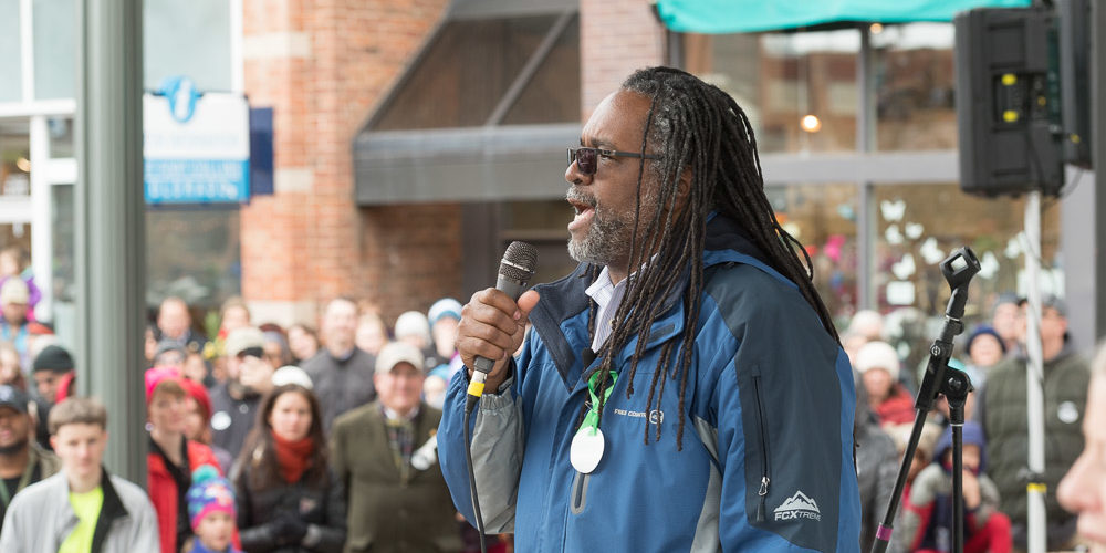 CSU Ethnic Studies Assistant Professor Ray Black gave the charge to the marchers in Old Town for the MLK Day March.