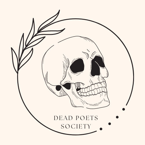 Flyer for Dead Poets Society depicting an illustration of a skill inside a circle adorned with leaves.