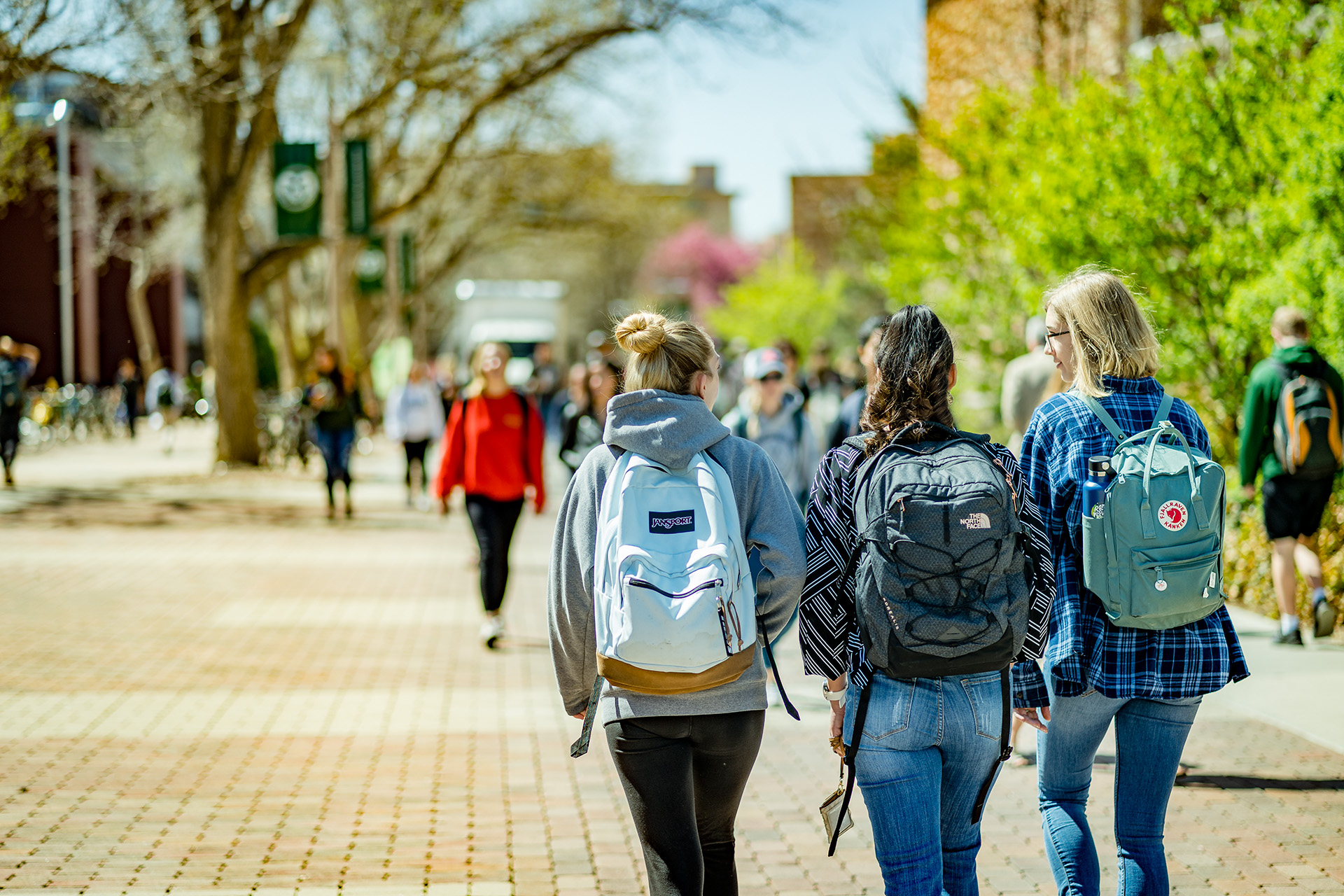 Colorado State University students walking to and from classes on the Lory Student Center Plaza, May 3, 2019.