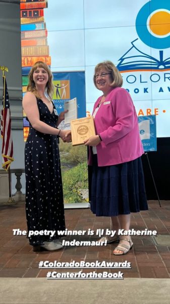 Katherine Indermaur accepting the 2023 Colorado Book Award in Poetry on June 10, 2023.