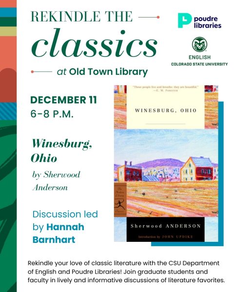 Promotional image for 'Rekindle the Classics' event featuring 'Winesburg, Ohio' by Sherwood Anderson at Old Town Library, December 11, 2025. Discussion led by Hannah Barnhart.