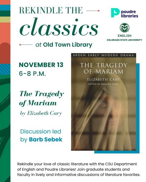Promotional image for 'Rekindle the Classics' event featuring 'The Tragedy of Mariam' by Elizabeth Cary at Old Town Library, November 13, 2025. Discussion led by Barb Sebek.