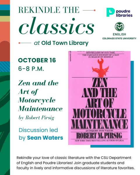 Promotional image for 'Rekindle the Classics' event featuring 'Zen and the Art of Motorcycle Maintenance' by Robert Pirsig at Old Town Library, October 16, 2025. Discussion led by Sean Waters.