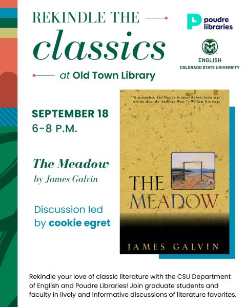 Promotional image for 'Rekindle the Classics' event featuring 'The Meadow' by James Galvin at Old Town Library, September 19, 2025. Discussion led by cookie egret.