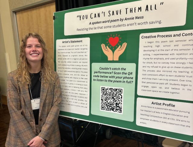 GradShow_web9 Annie Ness in plaid blazer beside poster titled "You Can't Save Them All" at Graduate Student Showcase, Nov. 19.