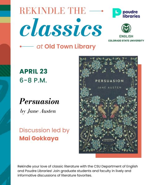 Promotional image for 'Rekindle the Classics' event featuring 'Persuasion' by Jane Austen at Old Town Library, April 23, 2026. Discussion led by Mai Gokkaya.