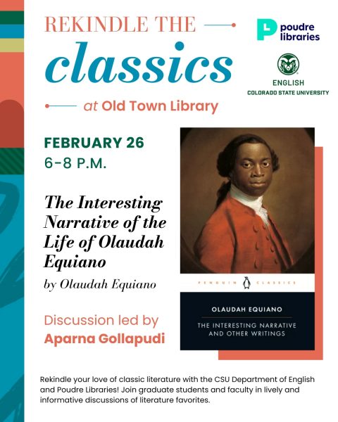 Promotional image for 'Rekindle the Classics' event featuring 'The Interesting Narrative of the Life of Olaudah Equiano' by Olaudah Equiano at Old Town Library, February 26, 2026. Discussion led by Aparna Gollapudi.