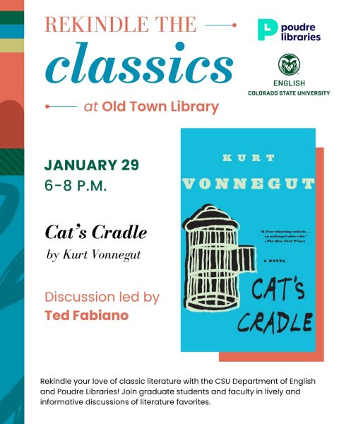 Promotional image for 'Rekindle the Classics' event featuring 'Cat's Cradle' by Kurt Vonnegut at Old Town Library, January 29, 2026. Discussion led by Ted Fabiano.