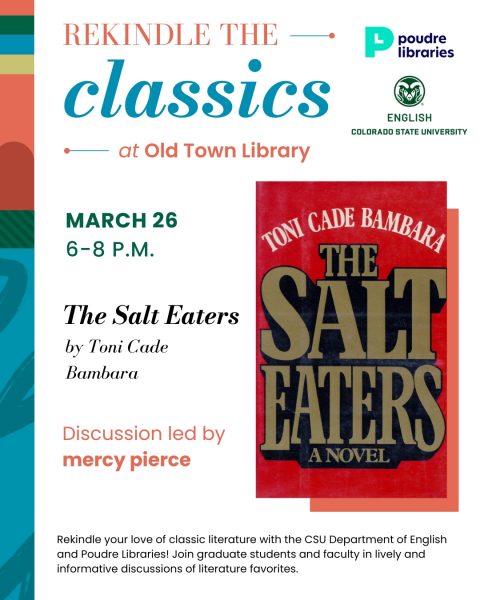 Promotional image for 'Rekindle the Classics' event featuring 'The Salt Eaters' by Toni Cade Bambara at Old Town Library, March 26, 2026. Discussion led by mercy pierce.