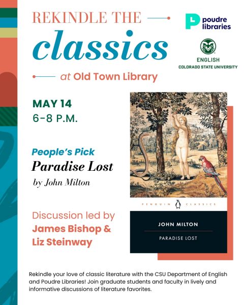 Promotional image for 'Rekindle the Classics' event featuring People's Pick 'Paradise Lost' by John Milton at Old Town Library, May 14, 2026. Discussion led by James Bishop and Liz Steinway.