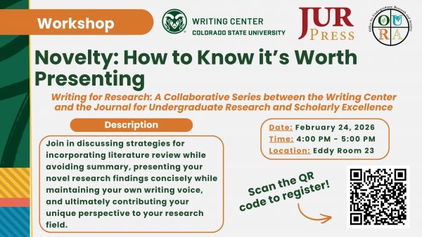 Workshop flyer: Novelty - How to Know it's Worth Presenting, Writing for Research collaborative series, February 24, 2026, 4:00-5:00 PM, Eddy Room 23, Colorado State University Writing Center and JUR Press