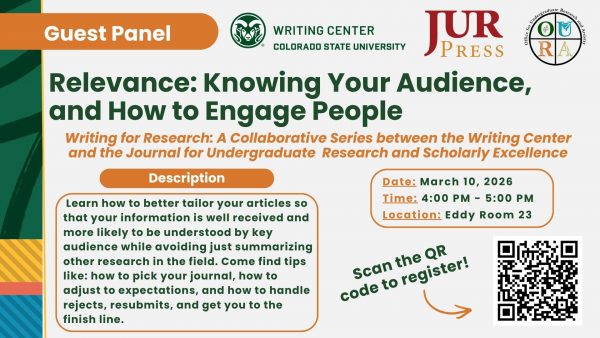 Guest Panel flyer: Relevance - Knowing Your Audience and How to Engage People, Writing for Research collaborative series, March 10, 2026, 4:00-5:00 PM, Eddy Room 23, Colorado State University Writing Center and JUR Press