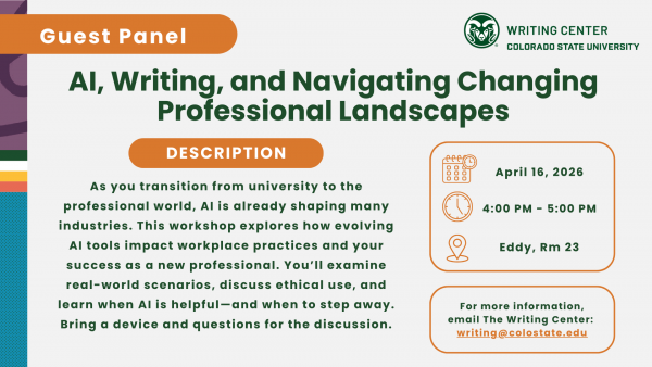 Guest Panel flyer: AI, Writing, and Navigating Changing Professional Landscapes, April 16, 2026, 4:00-5:00 PM, Eddy Room 23, Colorado State University Writing Center