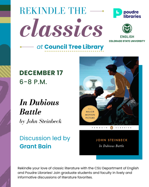 Promotional image for 'Rekindle the Classics' event featuring 'In Dubious Battle' by John Steinbeck at Council Tree Library, Dec. 17, 2026. Discussion led by Grant Bain.