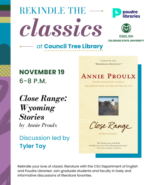 Promotional image for 'Rekindle the Classics' event featuring 'Close Range: Wyoming Stories' by Annie Proulx at Council Tree Library, Nov. 19, 2026. Discussion led by Tyler Toy.