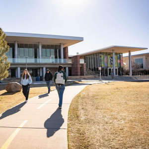 Students walk along path near the Lory Student Center on CSU campus.