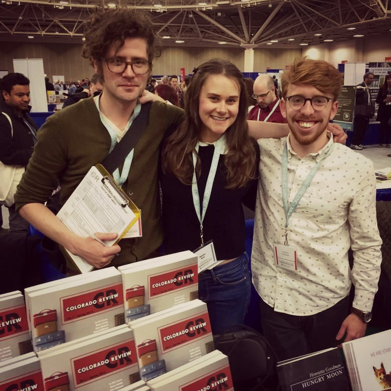 Colorado Review Managing Editor Drew Webster, with Center for Literary Publishing interns Melissa Hohl and Neil FitzPatrick at AWP