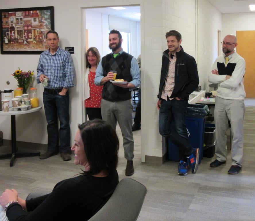 From left to right: Instructor Thomas Conway, Associate Professor Tobi Jacobi, Assistant Professor Tim Amidon, Assistant Professor Doug Cloud, Writing Center Associate Director Bruce Shields, and Office Manager Amparo Jeffrey (celebrating 10 years at CSU).