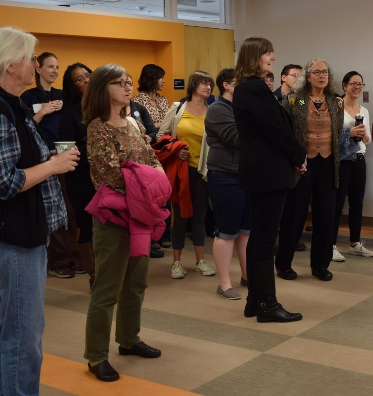 Bev checks out the remodeled Eddy Hall during the first employee walkthrough ob the building