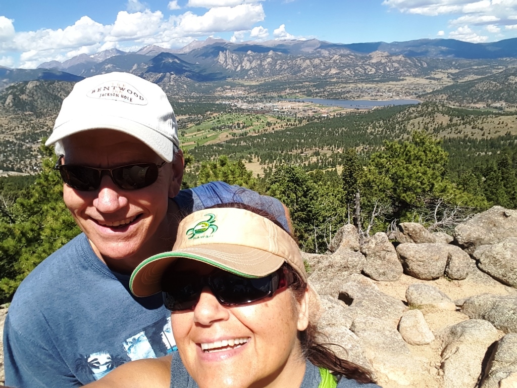 Lillian and her husband, Joel, overlooking Estes Park (hiking up Hermit); 