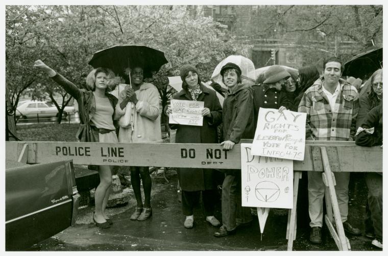 Gay rights activists at City Hall rally for gay rights: Sylvia Ray Rivera, Marsha P. Johnson, Barbara Deming, and Kady Vandeurs, 1973