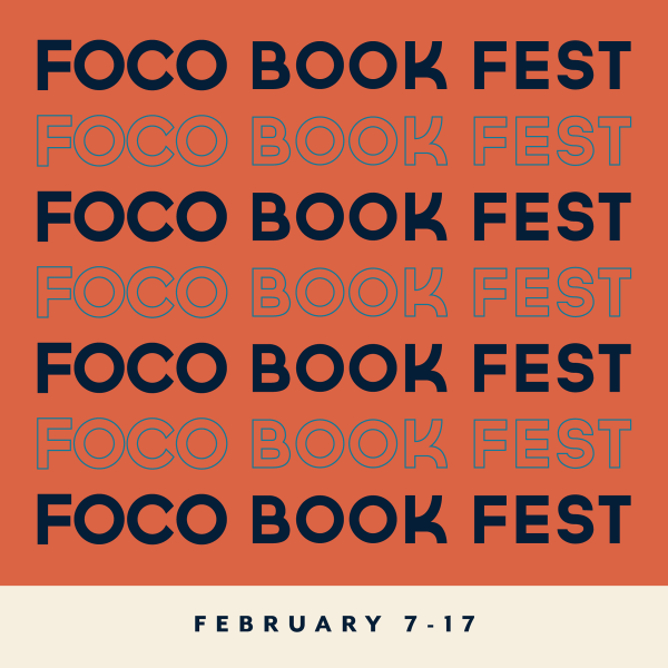 Graphic advertising the "Foco Book Fest" event, taking place from February 7-17, 2025. The text is displayed in navy blue against a bright orange background.