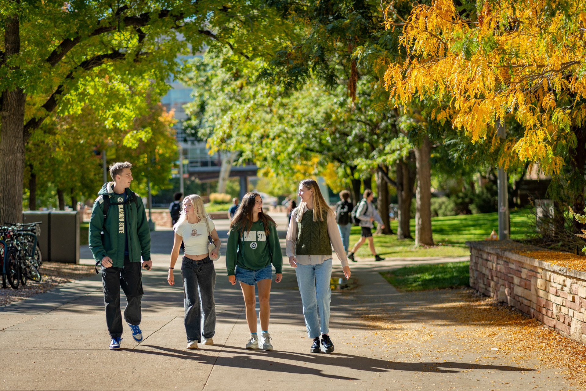 English students and faculty walk across CSU campus on a fall day.
