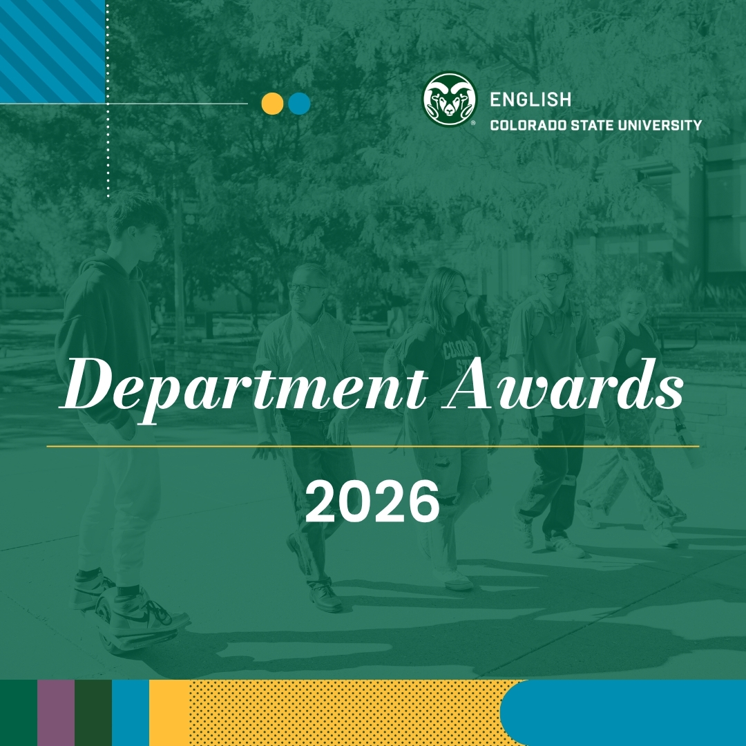 CSU English Department Awards 2026 graphic with a green-tinted photo of students walking on campus.