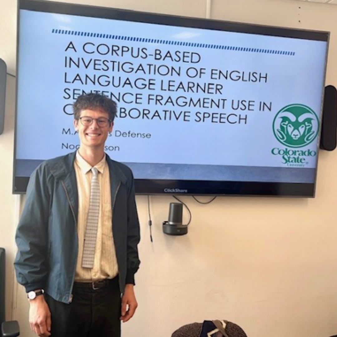 Noah Larson defending his TEFL/TESL MA thesis, spring 2026.