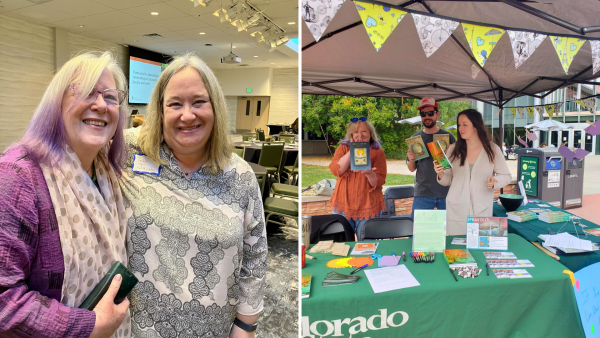 Two-photo collage: Left, two women smile together at an indoor faculty/staff celebration event. Right, three people stand behind a green-draped table at an outdoor Colorado State campus fair booth, holding up books and materials.