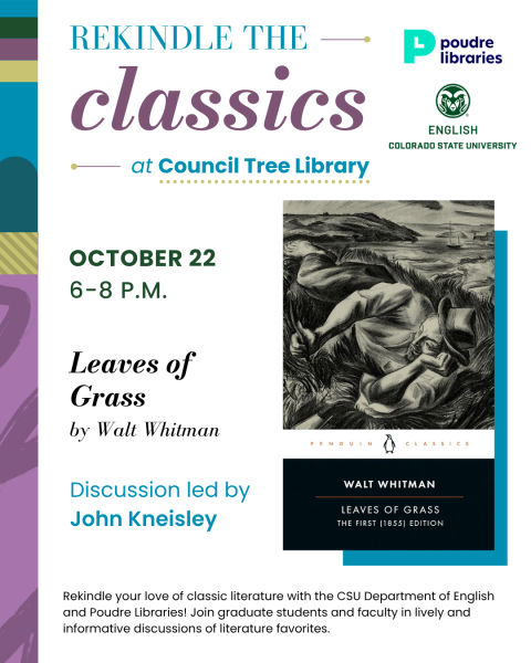 Promotional image for 'Rekindle the Classics' event featuring 'Leaves of Grass' by Walt Whitman at Council Tree Library, Oct. 22, 2026. Discussion led by John Kneisley.