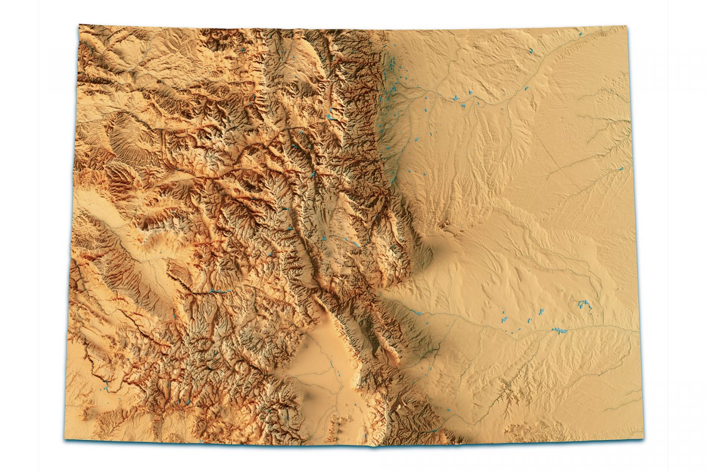 Shaded relief map of Colorado highlighting mountain ranges, plains, rivers and topographic elevation changes.