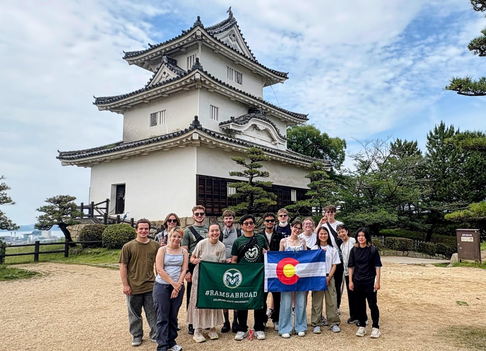 Students studying abroad in Japan visit Kagawa Castle.